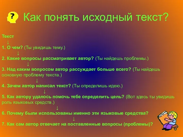 Как понять исходный текст? Текст ↓ 1. О чем? (Ты увидишь