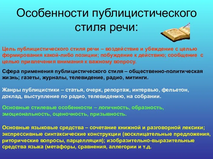 Особенности публицистического стиля речи: Цель публицистического стиля речи – воздействие и