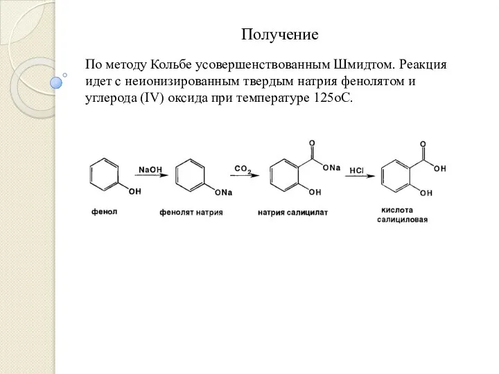 Получение По методу Кольбе усовершенствованным Шмидтом. Реакция идет с неионизированным твердым