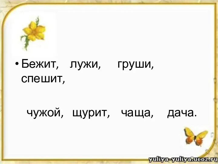 Бежит, лужи, груши, спешит, чужой, щурит, чаща, дача.