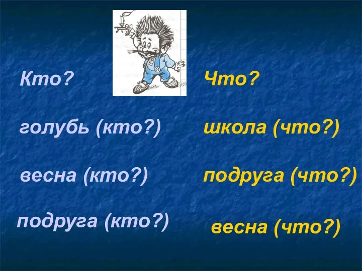 Кто? голубь (кто?) весна (кто?) Что? школа (что?) подруга (что?) подруга (кто?) весна (что?)