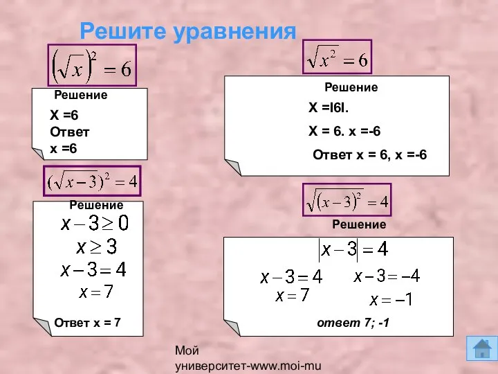 Мой университет-www.moi-mummi.ru Решите уравнения Решение Решение Решение Решение Х =6 Ответ