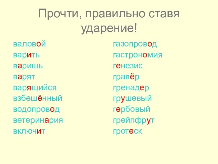 Прочти, правильно ставя ударение! валовой варить варишь варят варящийся взбешённый водопровод