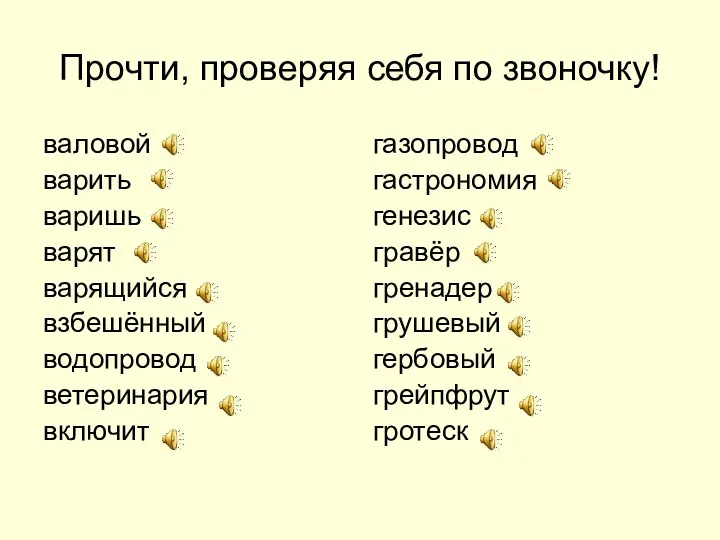 Прочти, проверяя себя по звоночку! валовой варить варишь варят варящийся взбешённый