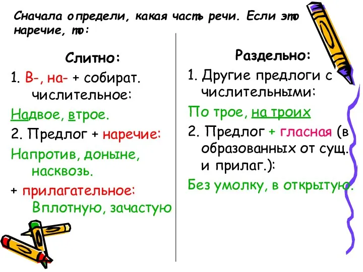 Сначала определи, какая часть речи. Если это наречие, то: Слитно: 1.