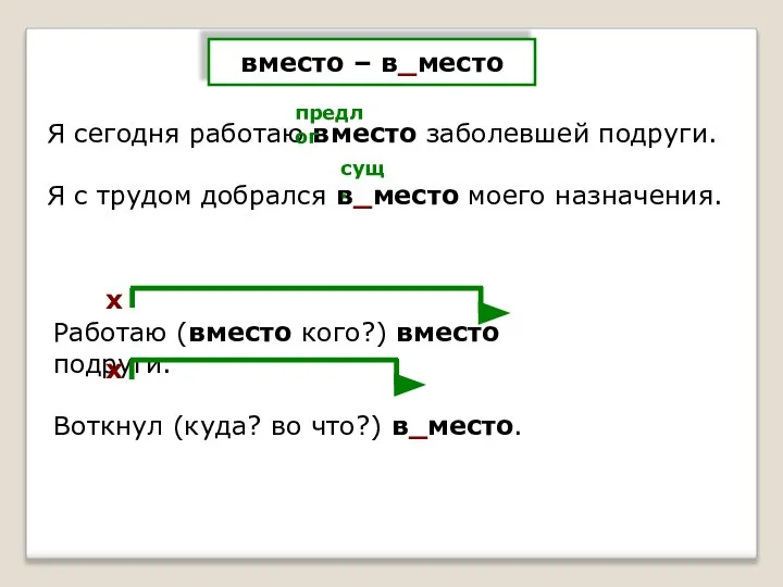 вместо – в_место Я сегодня работаю вместо заболевшей подруги. Я с