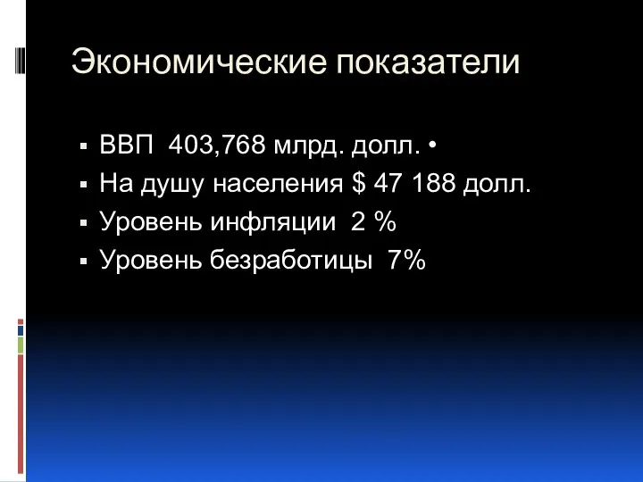 Экономические показатели ВВП 403,768 млрд. долл. • На душу населения $