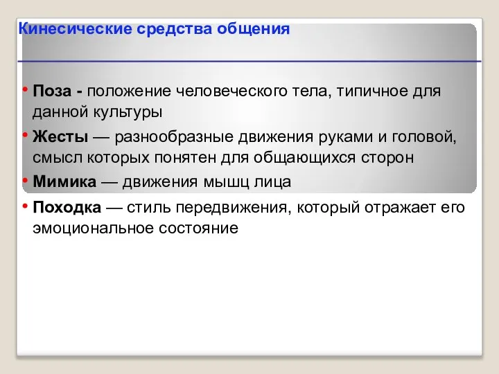 Кинесические средства общения Поза - положение человеческого тела, типичное для данной