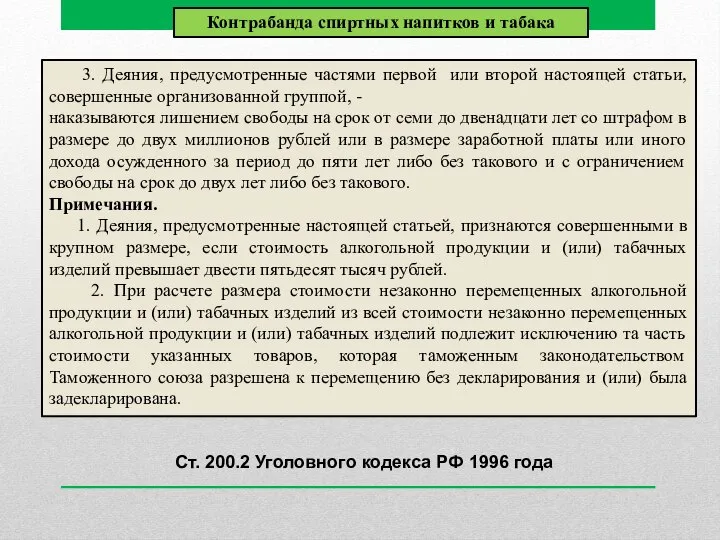 Контрабанда спиртных напитков и табака Ст. 200.2 Уголовного кодекса РФ 1996