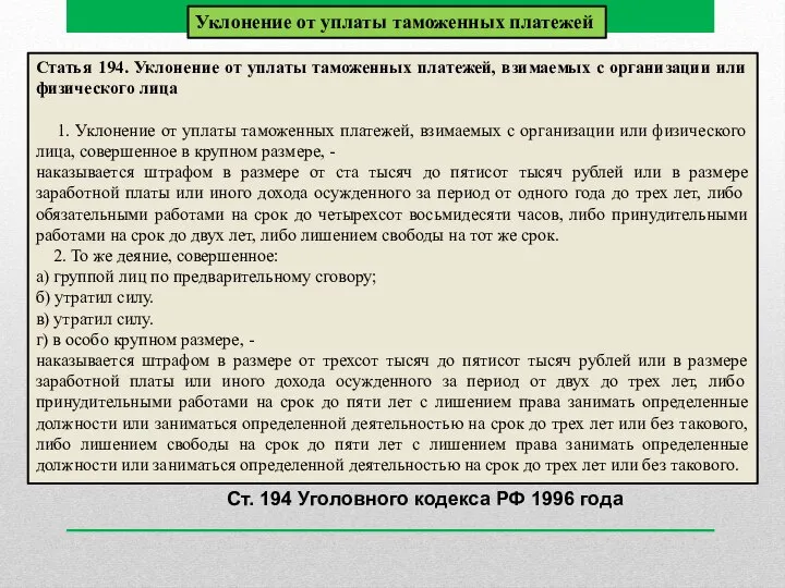 Статья 194. Уклонение от уплаты таможенных платежей, взимаемых с организации или