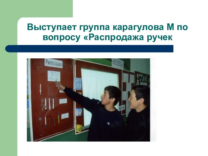 Выступает группа карагулова М по вопросу «Распродажа ручек