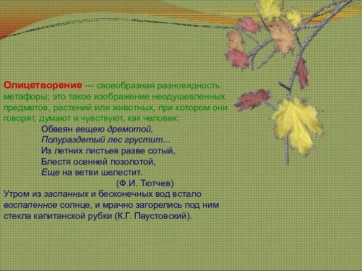 Олицетворение — своеобразная разновидность метафоры; это такое изображение неодушевленных предметов, растений