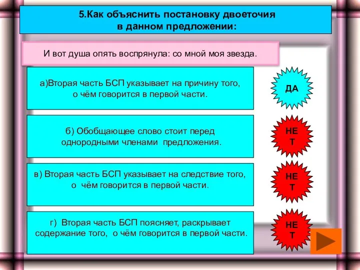 5.Как объяснить постановку двоеточия в данном предложении: а)Вторая часть БСП указывает