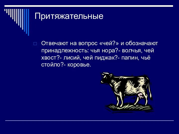 Притяжательные Отвечают на вопрос «чей?» и обозначают принадлежность: чья нора?- волчья,