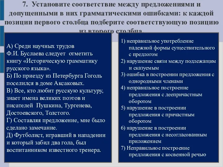 7. Установите соответствие между предложениями и допущенными в них грамматическими ошибками: