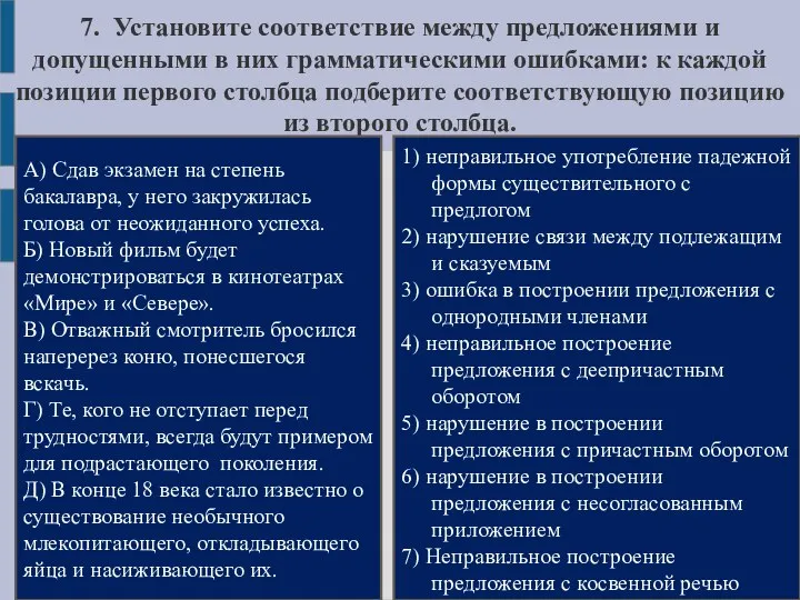 7. Установите соответствие между предложениями и допущенными в них грамматическими ошибками: