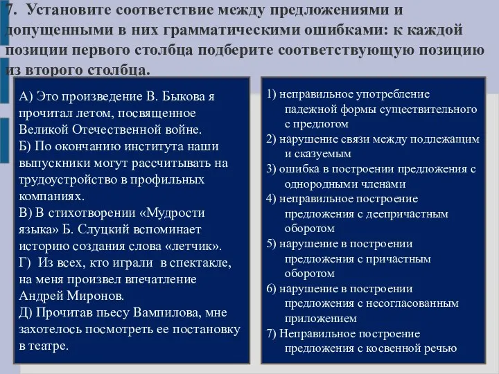 7. Установите соответствие между предложениями и допущенными в них грамматическими ошибками: