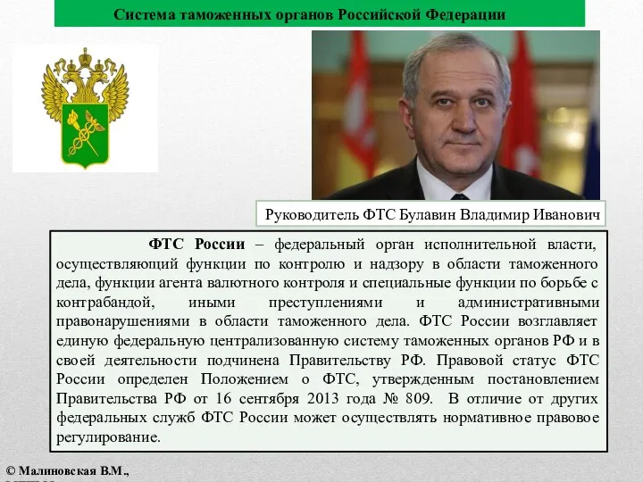 ФТС России – федеральный орган исполнительной власти, осуществляющий функции по контролю