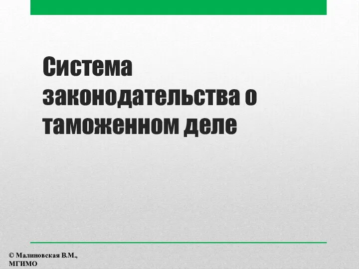 Система законодательства о таможенном деле © Малиновская В.М., МГИМО