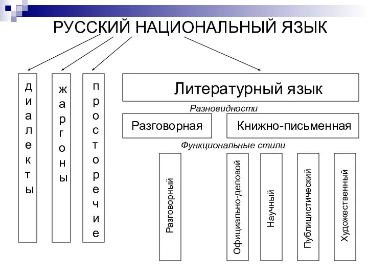 РУССКИЙ НАЦИОНАЛЬНЫЙ ЯЗЫК диалекты жаргоны просторечие Литературный язык Разговорная Книжно-письменная Разговорный