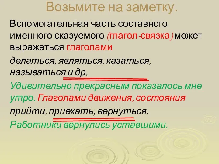 Возьмите на заметку. Вспомогательная часть составного именного сказуемого (глагол-связка) может выражаться