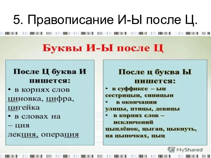 5. Правописание И-Ы после Ц.