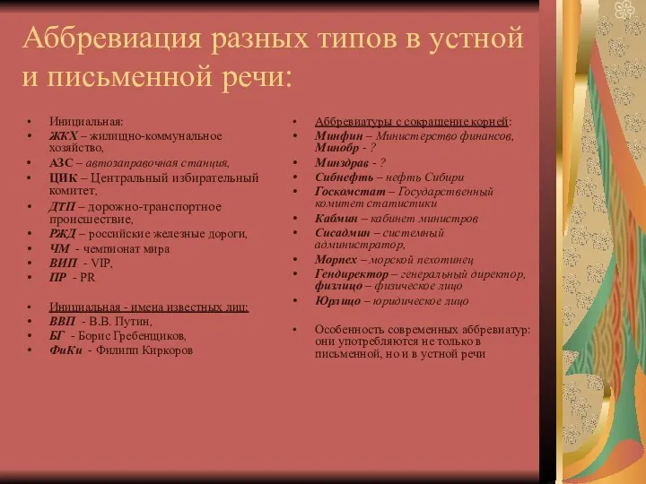 Аббревиация разных типов в устной и письменной речи: Инициальная: ЖКХ –