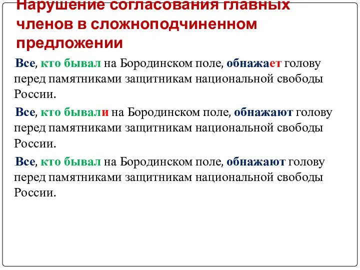 Нарушение согласования главных членов в сложноподчиненном предложении Все, кто бывал на