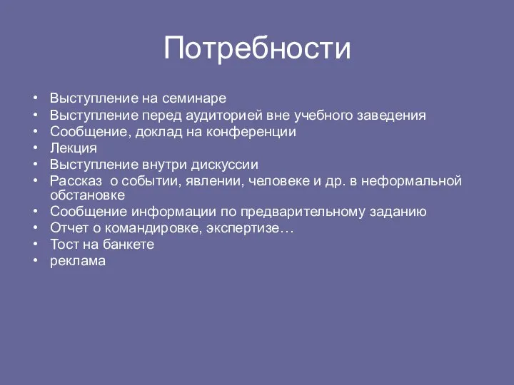 Потребности Выступление на семинаре Выступление перед аудиторией вне учебного заведения Сообщение,