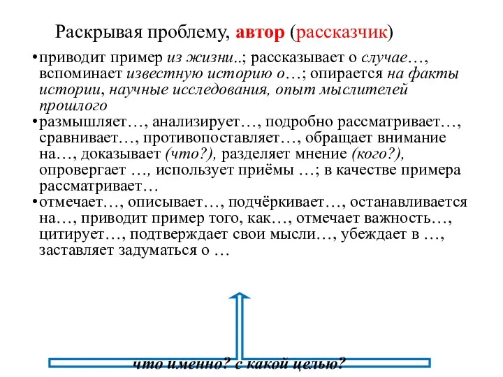 Раскрывая проблему, автор (рассказчик) приводит пример из жизни..; рассказывает о случае…,