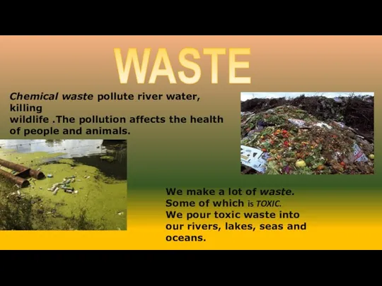 WASTE Chemical waste pollute river water, killing wildlife .The pollution affects