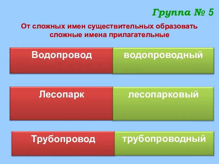 Группа № 5 От сложных имен существительных образовать сложные имена прилагательные