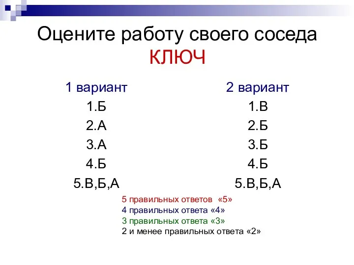 Оцените работу своего соседа КЛЮЧ 1 вариант 1.Б 2.А 3.А 4.Б