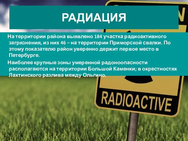 РАДИАЦИЯ На территории района выявлено 184 участка радиоактивного загрязнения, из них