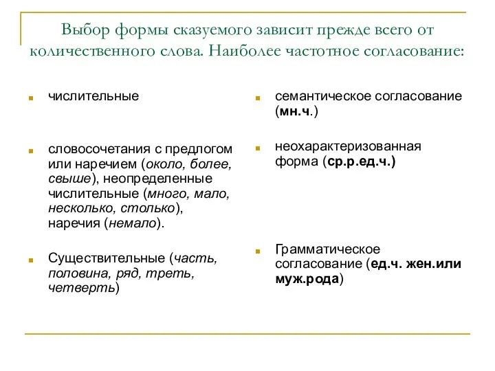 Выбор формы сказуемого зависит прежде всего от количественного слова. Наиболее частотное