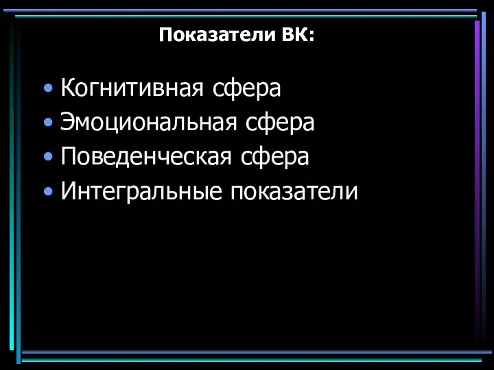 Показатели ВК: Когнитивная сфера Эмоциональная сфера Поведенческая сфера Интегральные показатели