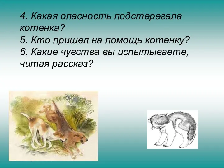 4. Какая опасность подстерегала котенка? 5. Кто пришел на помощь котенку?