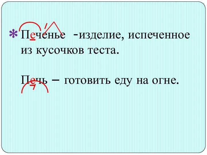 Печенье -изделие, испеченное из кусочков теста. Печь – готовить еду на огне. *