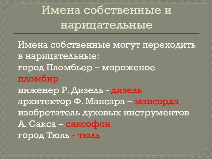 Имена собственные и нарицательные Имена собственные могут переходить в нарицательные: город