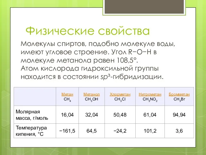 Физические свойства Молекулы спиртов, подобно молекуле воды, имеют угловое строение. Угол