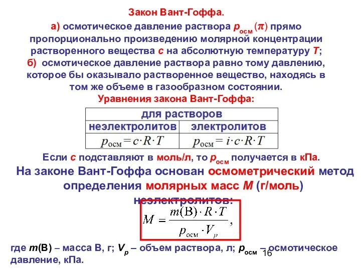 Закон Вант-Гоффа. а) осмотическое давление раствора pосм (π) прямо пропорционально произведению