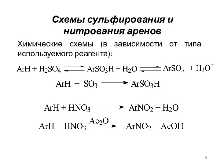 Схемы сульфирования и нитрования аренов Химические схемы (в зависимости от типа используемого реагента):