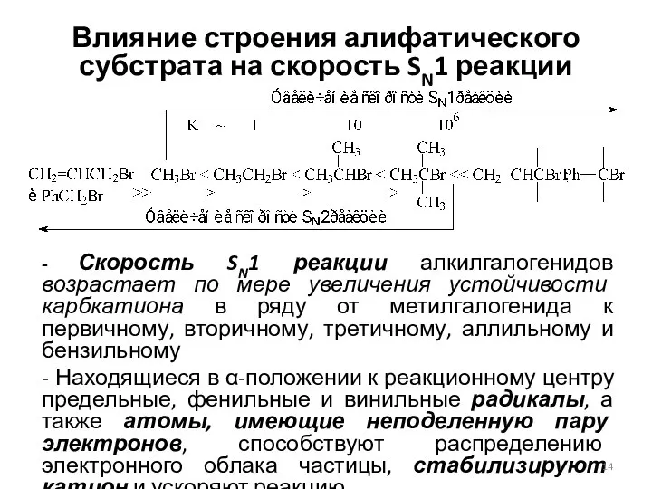 Влияние строения алифатического субстрата на скорость SN1 реакции - Скорость SN1