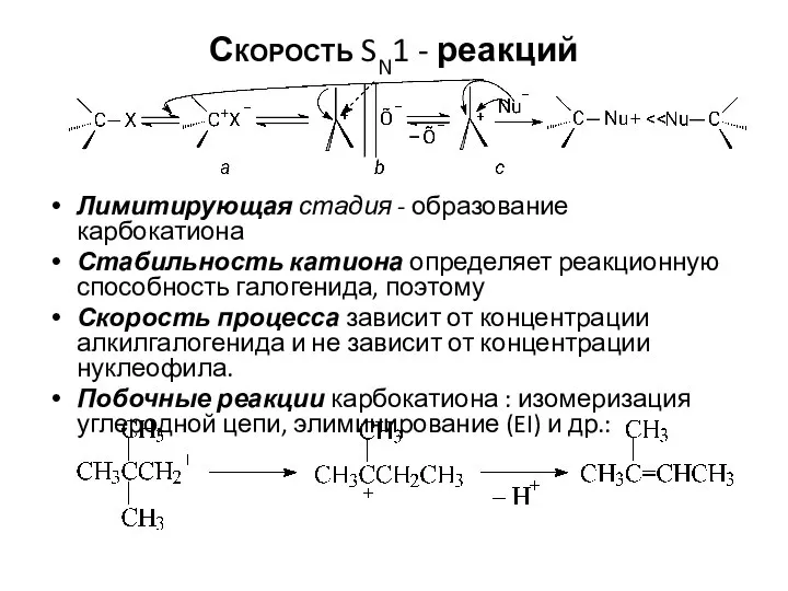 Скорость SN1 - реакций Лимитирующая стадия - образование карбокатиона Стабильность катиона