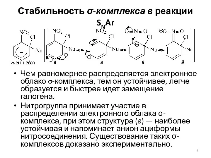 Стабильность σ-комплекса в реакции SNAr Чем равномернее распределяется электронное облако σ-комплекса,