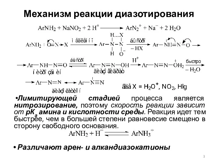 Механизм реакции диазотирования Лимитирующей стадией процесса является нитрозирование, поэтому скорость реакции