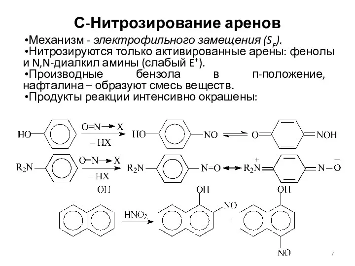 С-Нитрозирование аренов Механизм - электрофильного замещения (SE). Нитрозируются только активированные арены: