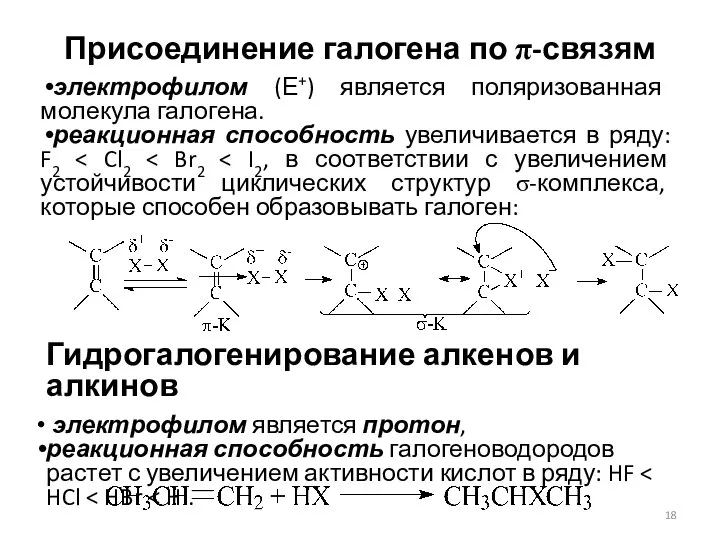 Присоединение галогена по π-связям электрофилом (Е+) является поляризованная молекула галогена. реакционная