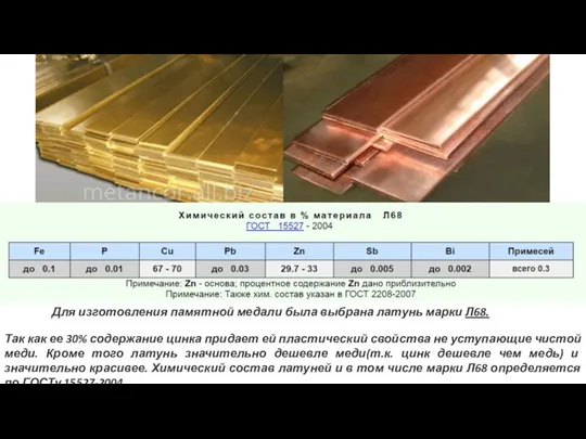 Для изготовления памятной медали была выбрана латунь марки Л68. Так как