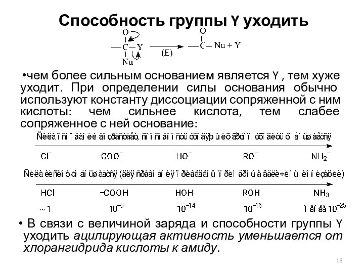 Способность группы Y уходить чем более сильным основанием является Y ,